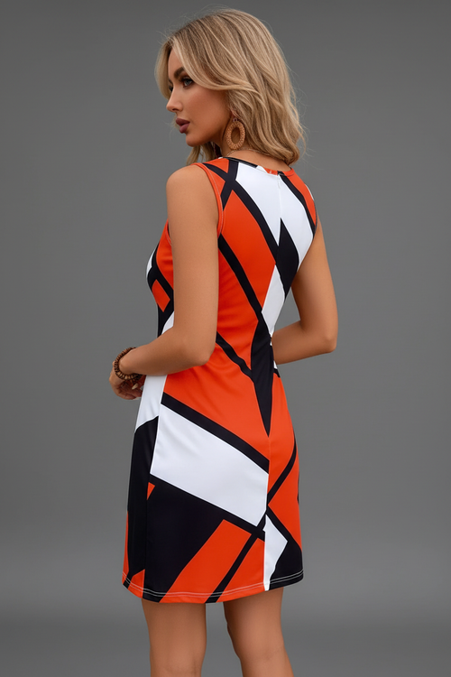 Orange white and black geometric color block mini dress back angle same model
