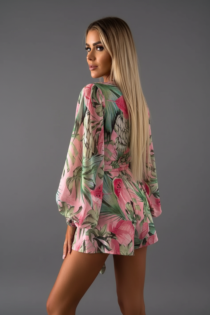 Pink and green floral print romper playsuit back angle same model