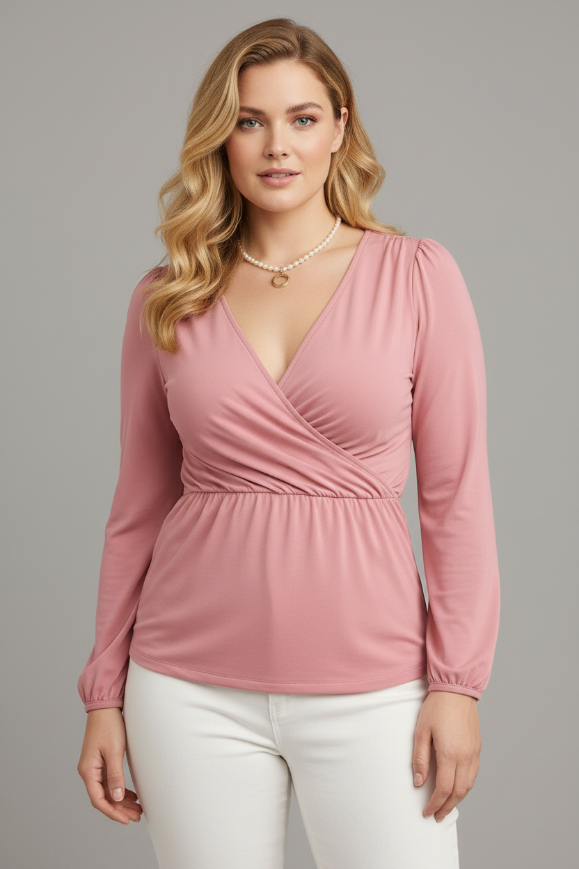 Pink blouse fuller bust model front