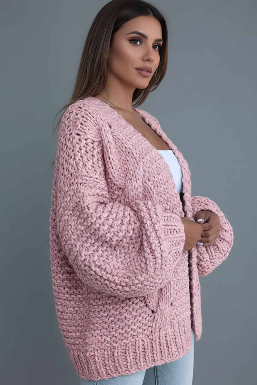 Pink chunky knit cardigan side angle