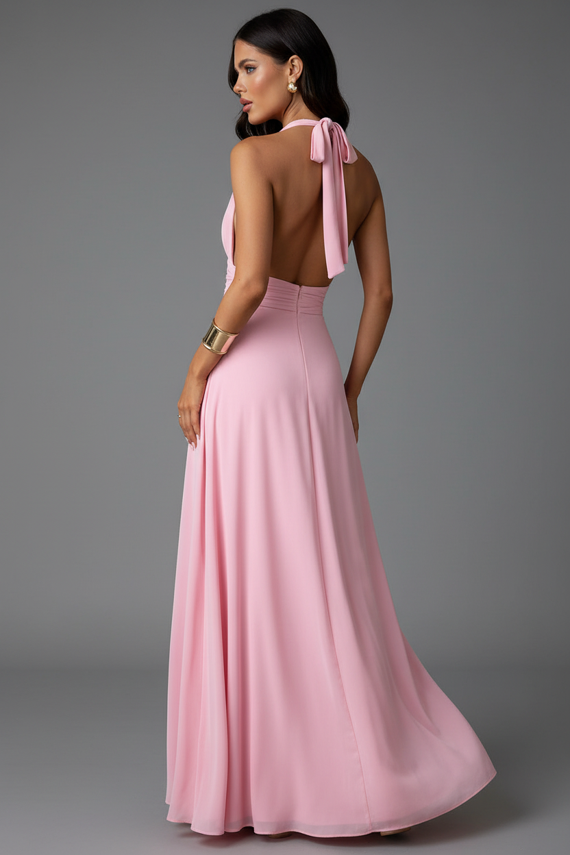Pink halter maxi dress back angle
