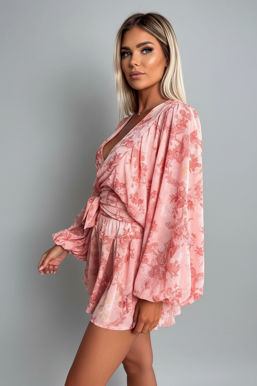 Pink jumpsuit grey studio background