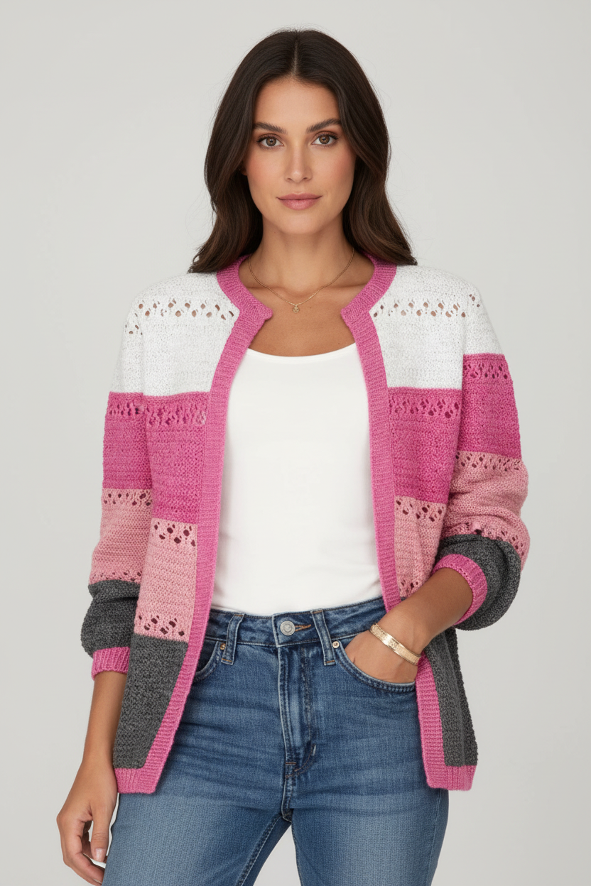 Pink striped cardigan front view
