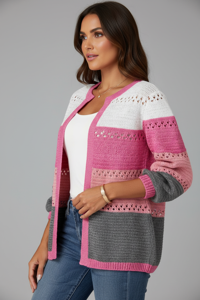 Pink striped cardigan side angle
