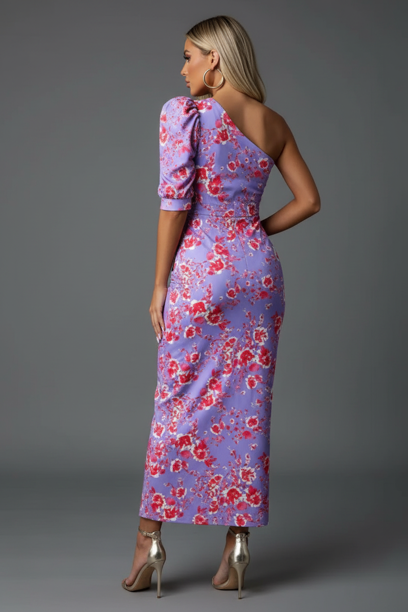 Purple lavender one-shoulder maxi dress with red floral print back angle