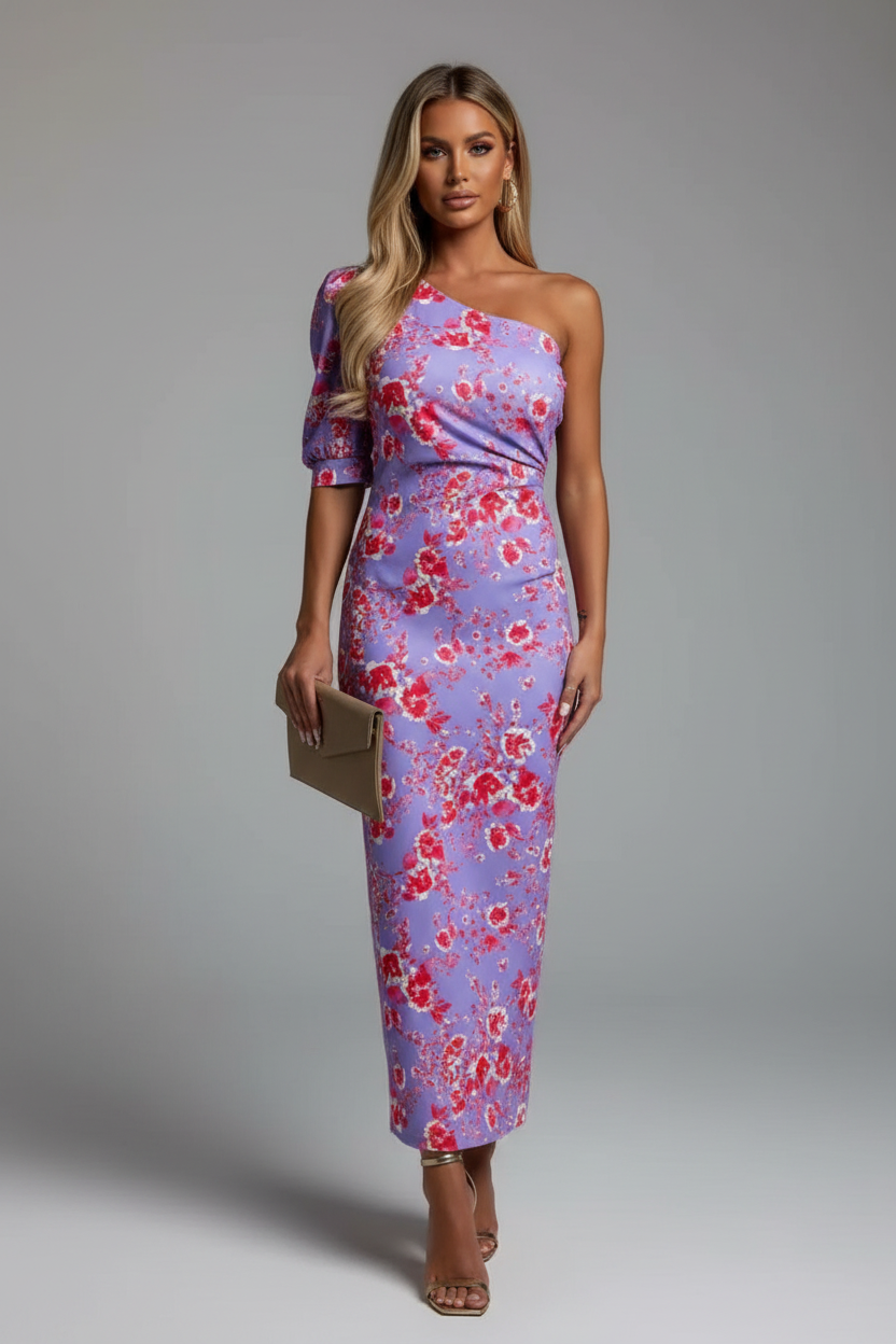 Purple lavender one-shoulder maxi dress with red floral print