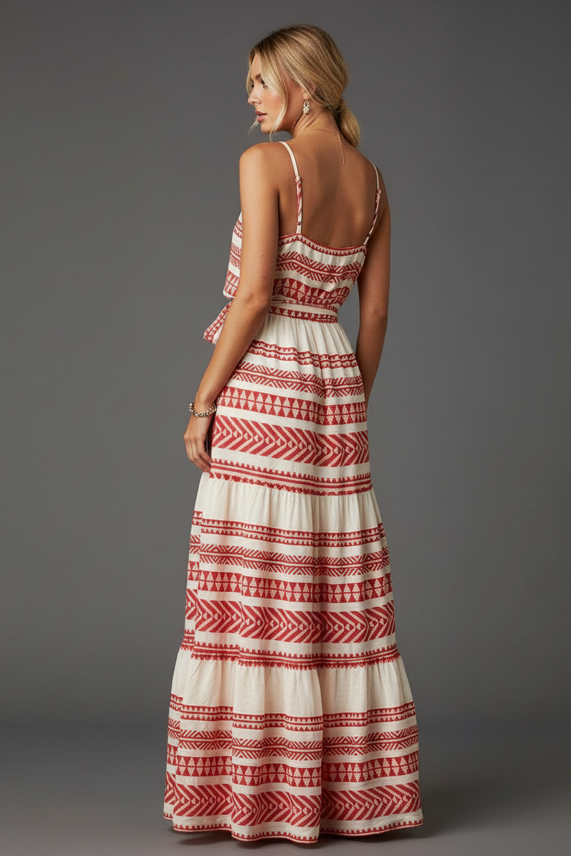 Red and cream geometric print maxi dress back angle