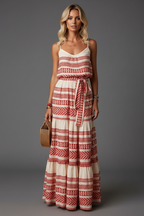 Red and cream geometric print maxi dress unique model grey background