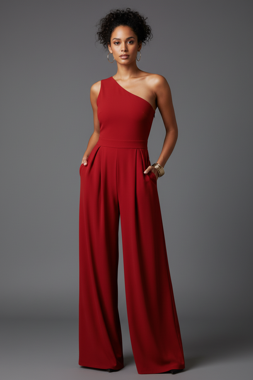 Red one-shoulder jumpsuit front view