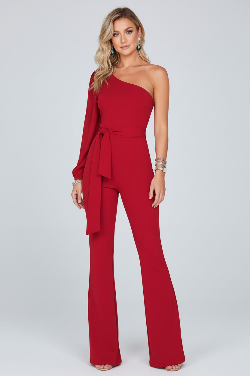 Red one-shoulder jumpsuit grey background
