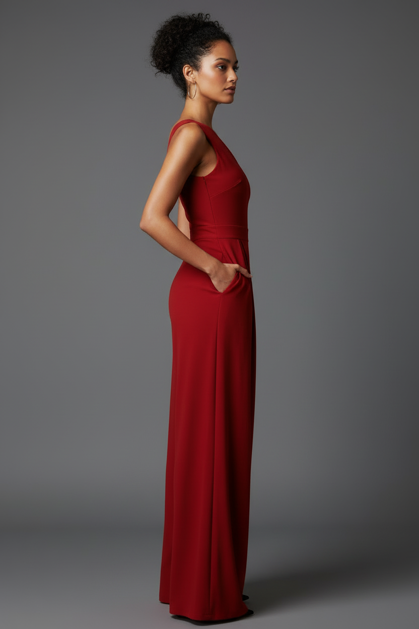 Red one-shoulder jumpsuit side view