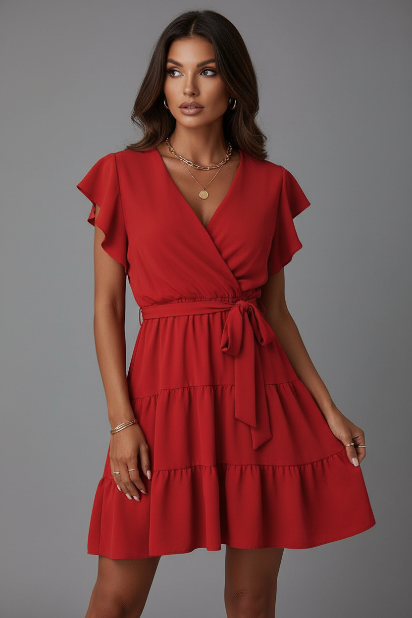 Red wrap mini dress unique model grey background