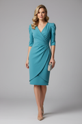 Turquoise blue wrap dress blonde model front