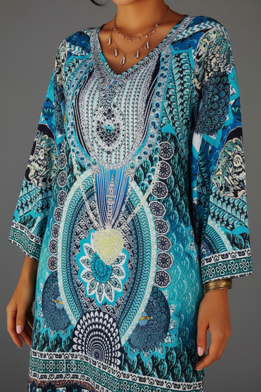 Turquoise bohemian tunic dress close-up grey background