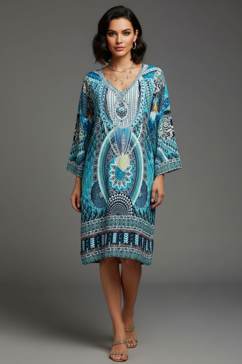 Turquoise bohemian tunic dress with mandala print