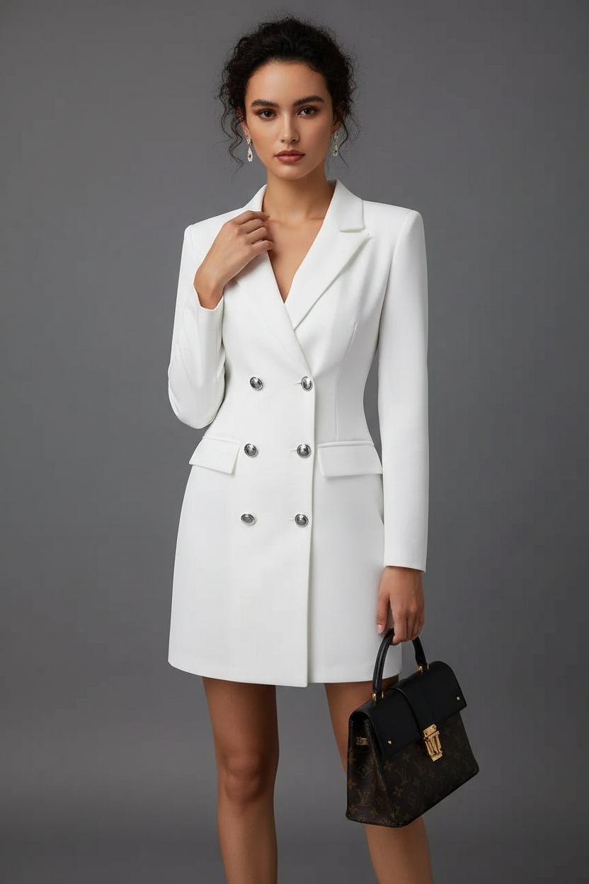 White blazer dress with grey background
