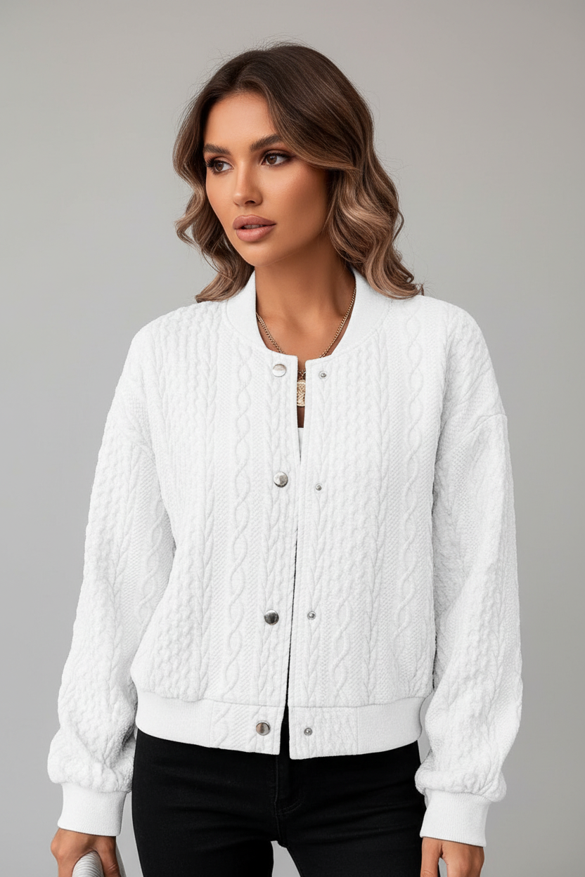 White cable knit cardigan with model