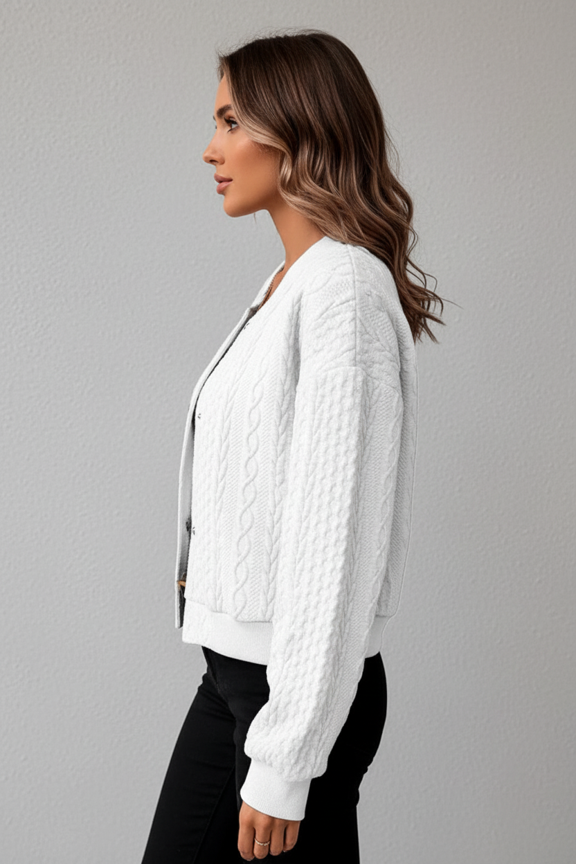 White cardigan side view