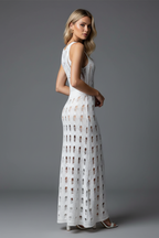 White crochet knit maxi dress back angle