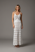 White crochet knit maxi dress unique model grey background