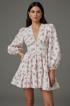 White floral print mini dress unique model grey background