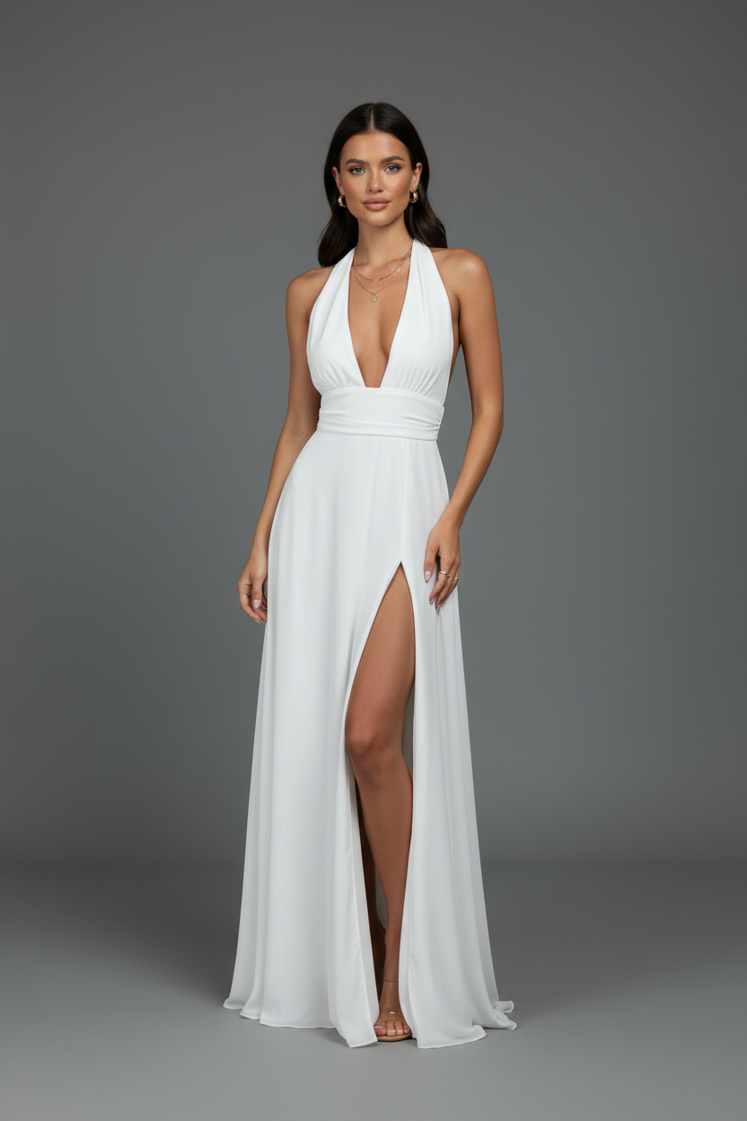 White halter maxi dress