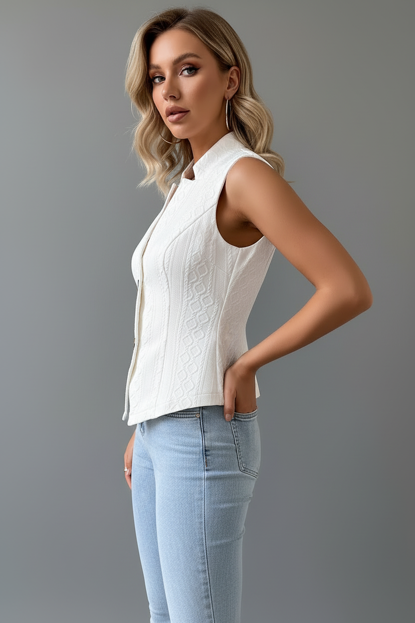 White textured vest blonde model side