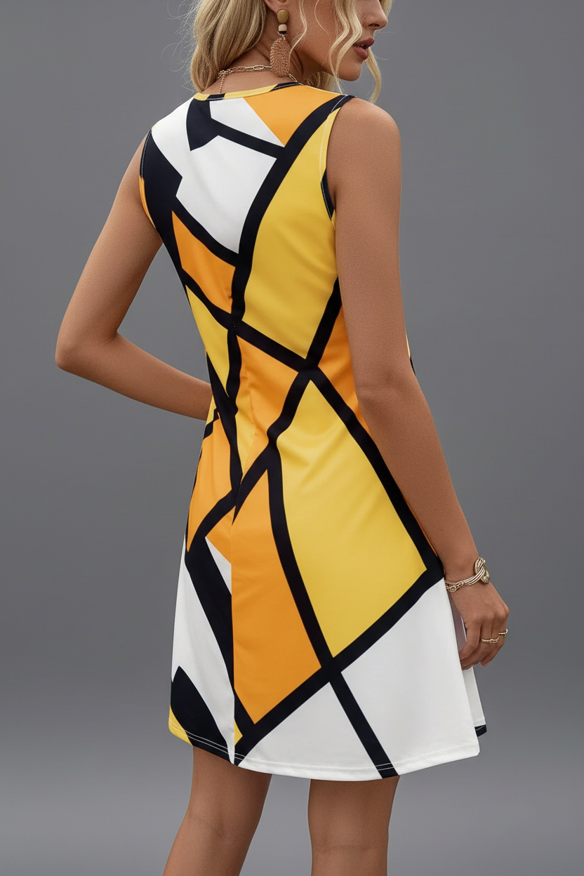 Yellow orange white and black geometric color block mini dress back angle