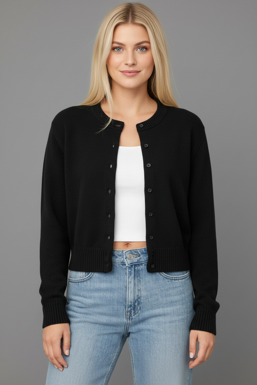 Zwarte knit cardigan op blond model