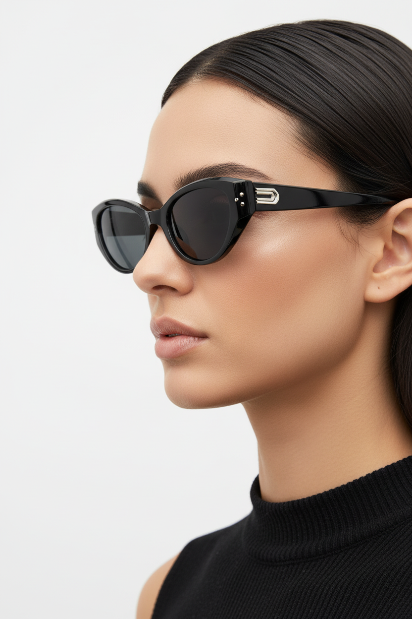 Zwarte retro zonnebril close-up zijkant